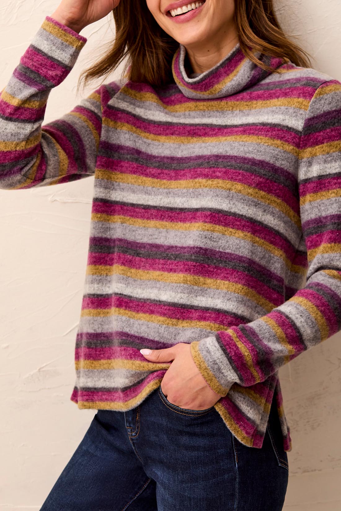Tribal Long Sleeve Funnel Neck Top with Side Slits | Mulberry