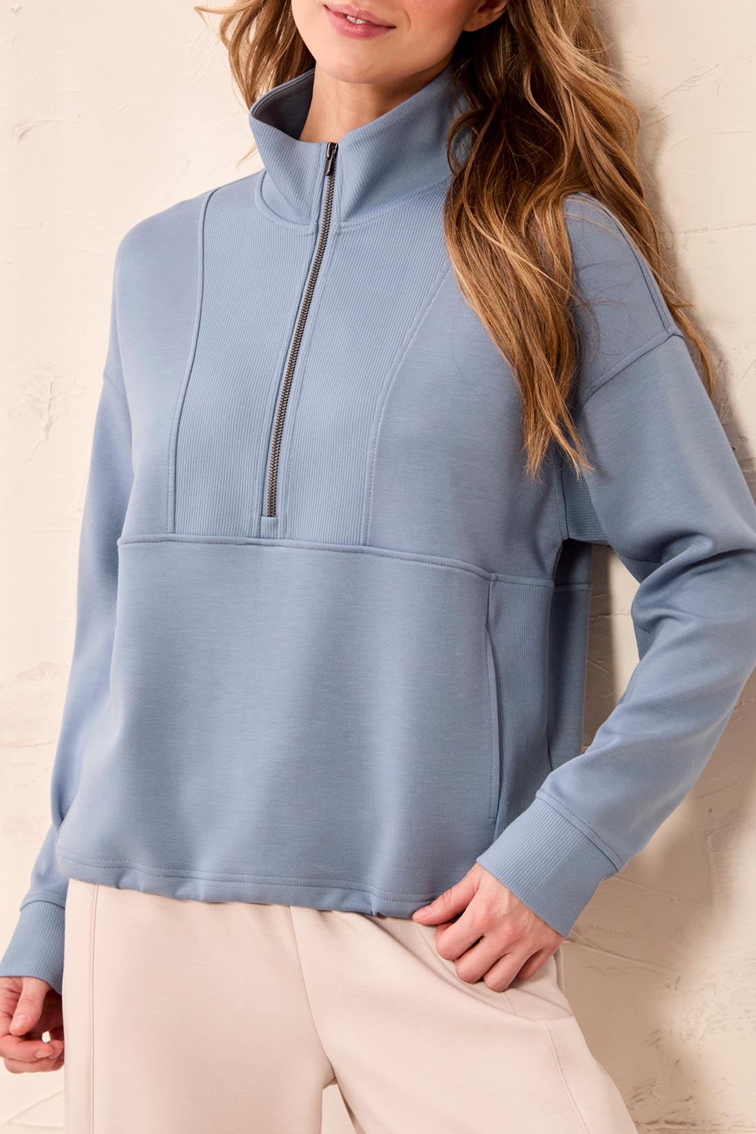 Tribal Long Sleeve Mock Neck Zip Top | Blue Fog