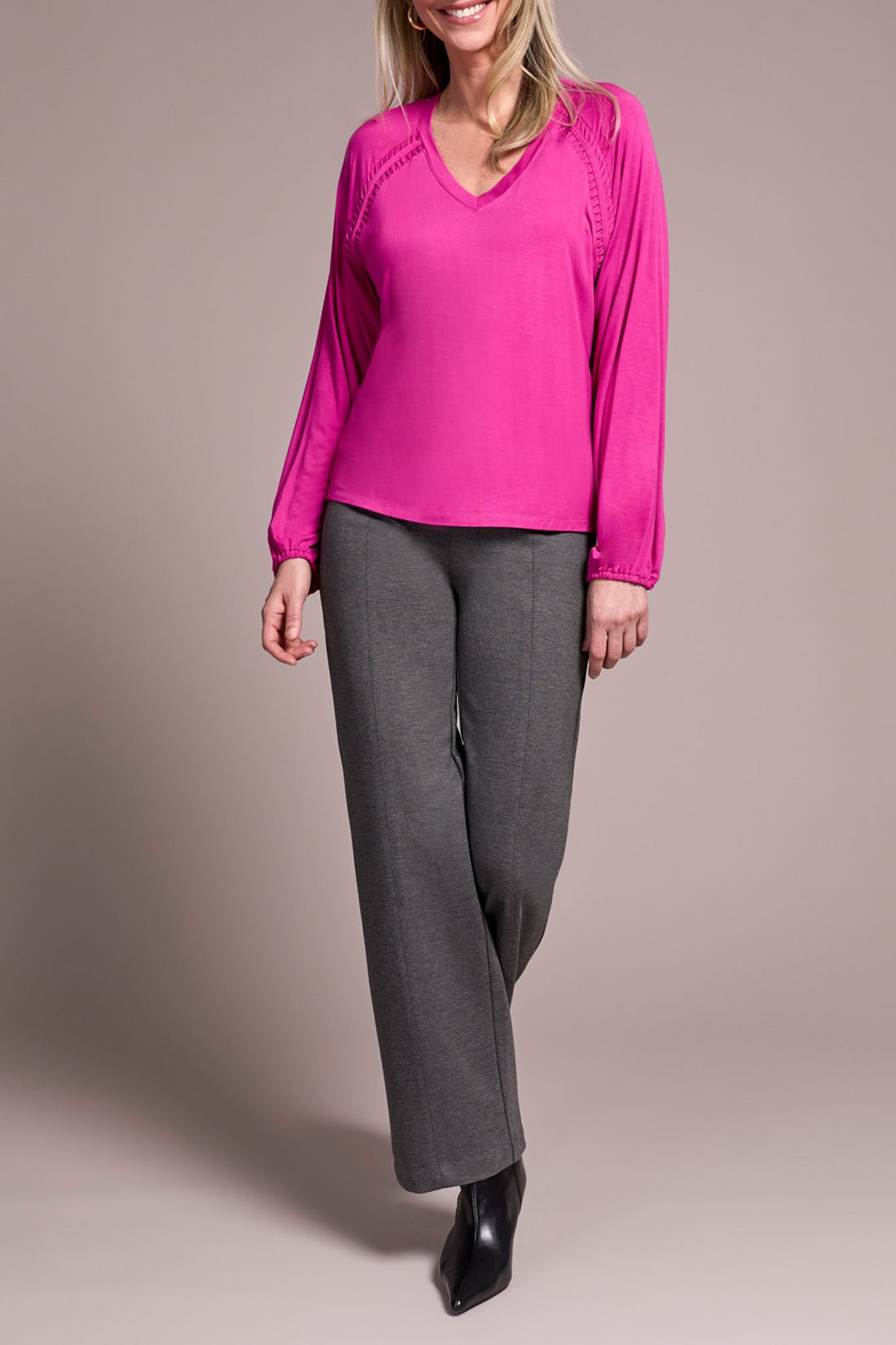 Tribal Long Sleeve V - Neck Top with Pleating Detail – Pink Flambe - Juli's Wearable Art