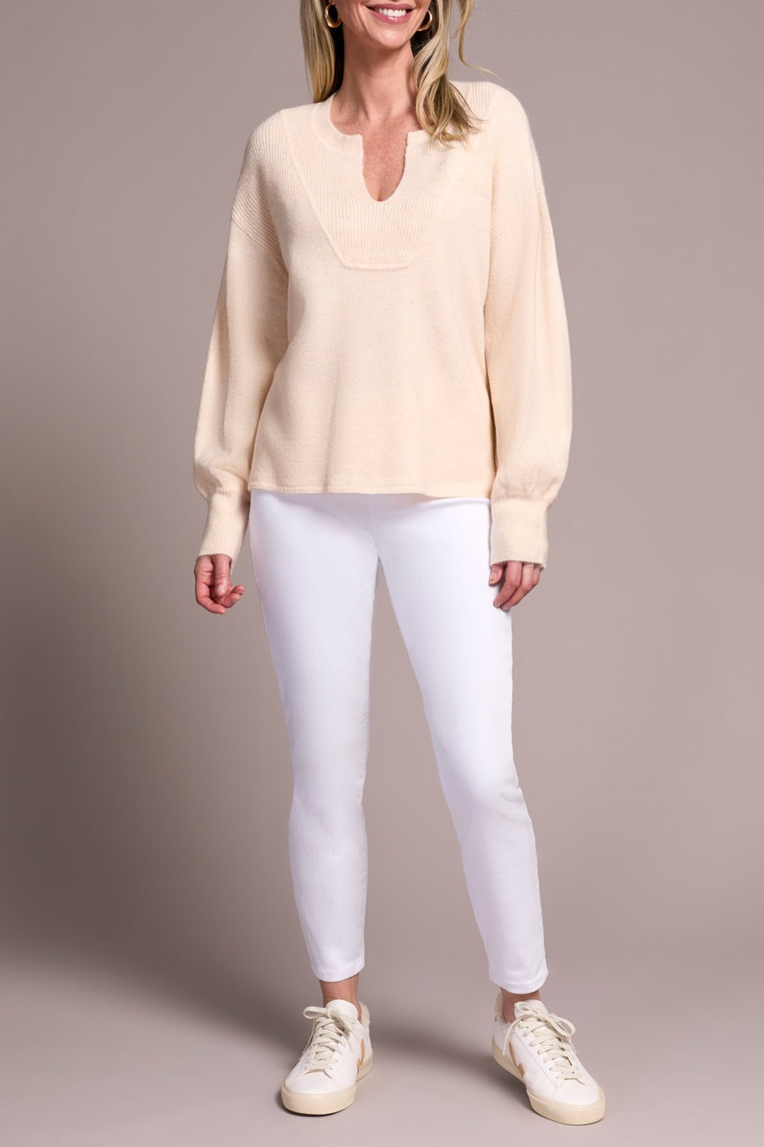 Tribal Mandarin Collar Long Puff Sleeve Sweater - Moonstone - Juli's Wearable Art