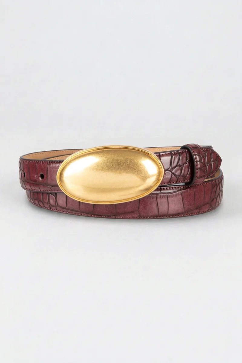 Tribal Maria Double Croc-Embossed Leather Belt with Oval Plaque | Burgundy