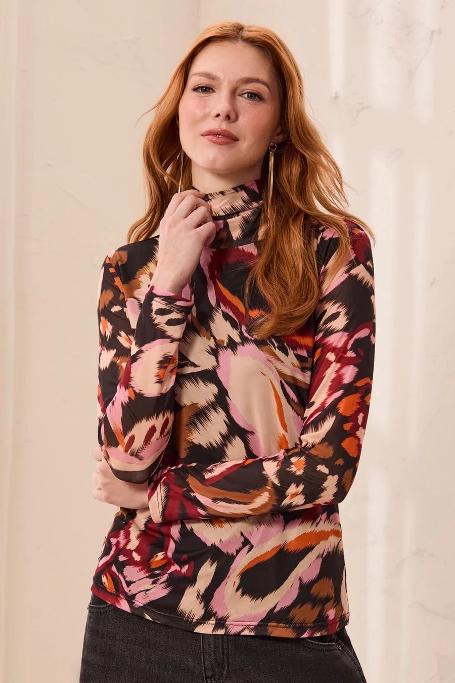 Tribal Mesh Turtleneck Top with Lining | Cherry Lacquer