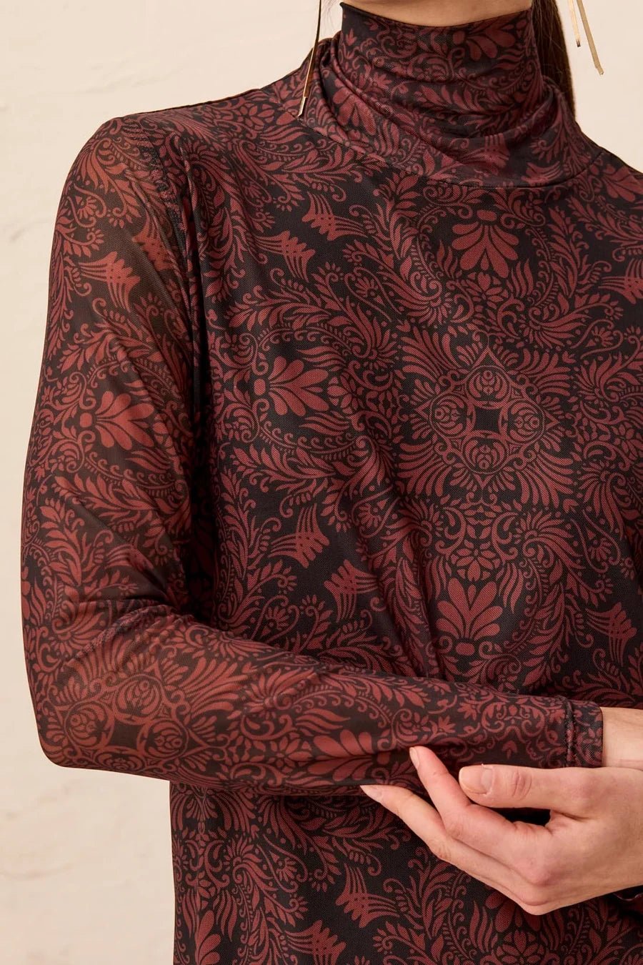 Tribal Mesh Turtleneck Top With Lining | Rustic Brown - Juli's Wearable Art