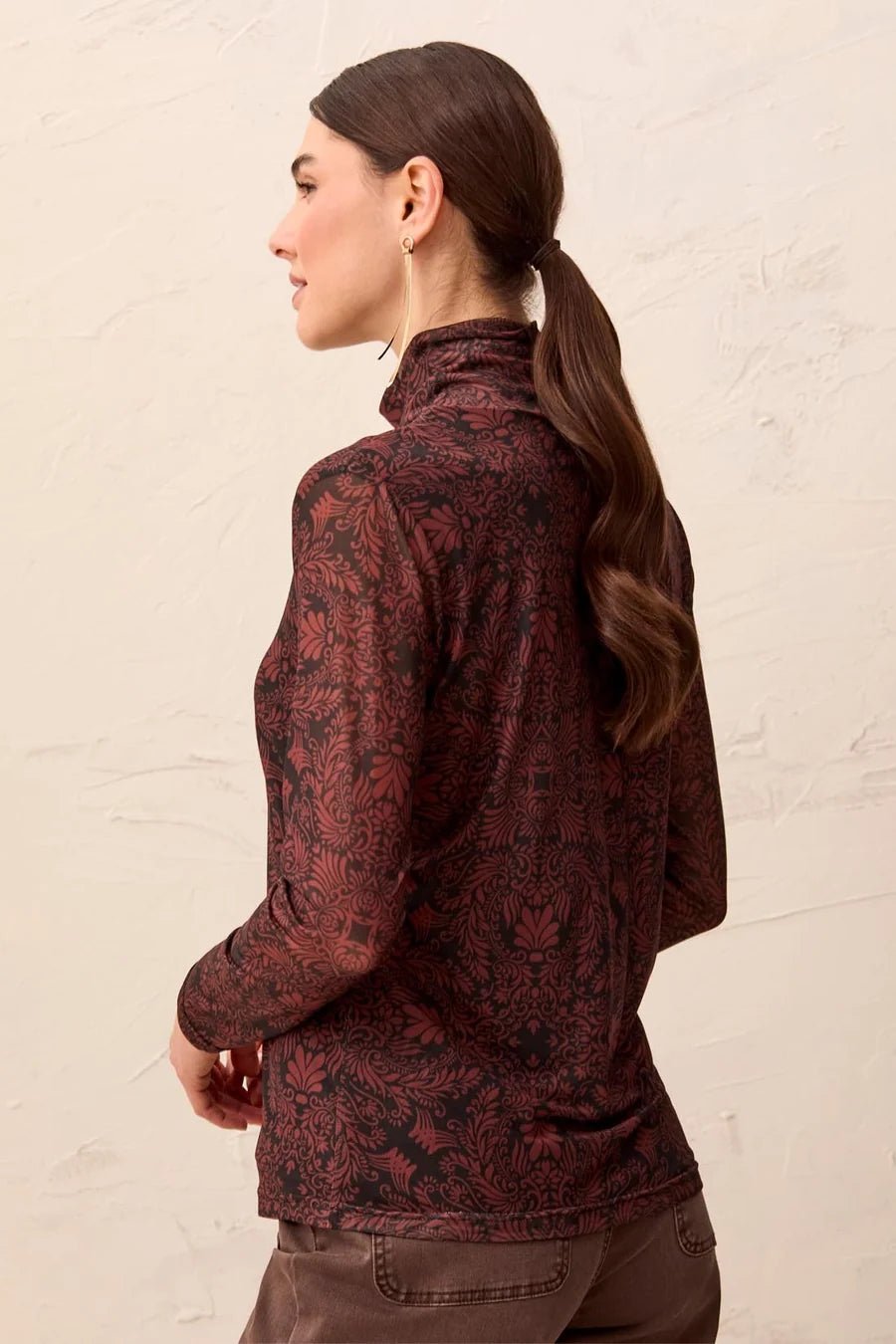 Tribal Mesh Turtleneck Top With Lining | Rustic Brown
