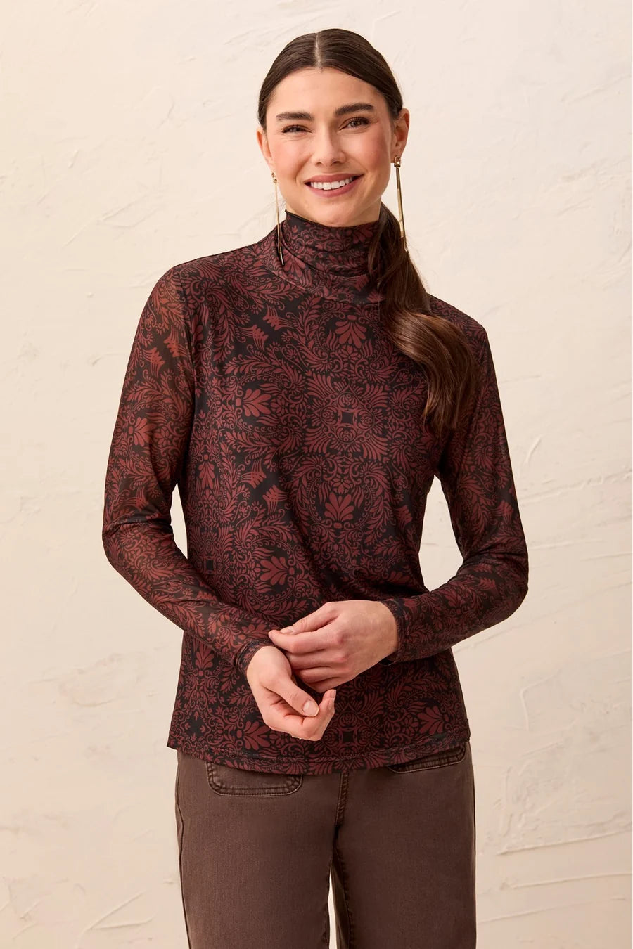 Tribal Mesh Turtleneck Top With Lining | Rustic Brown