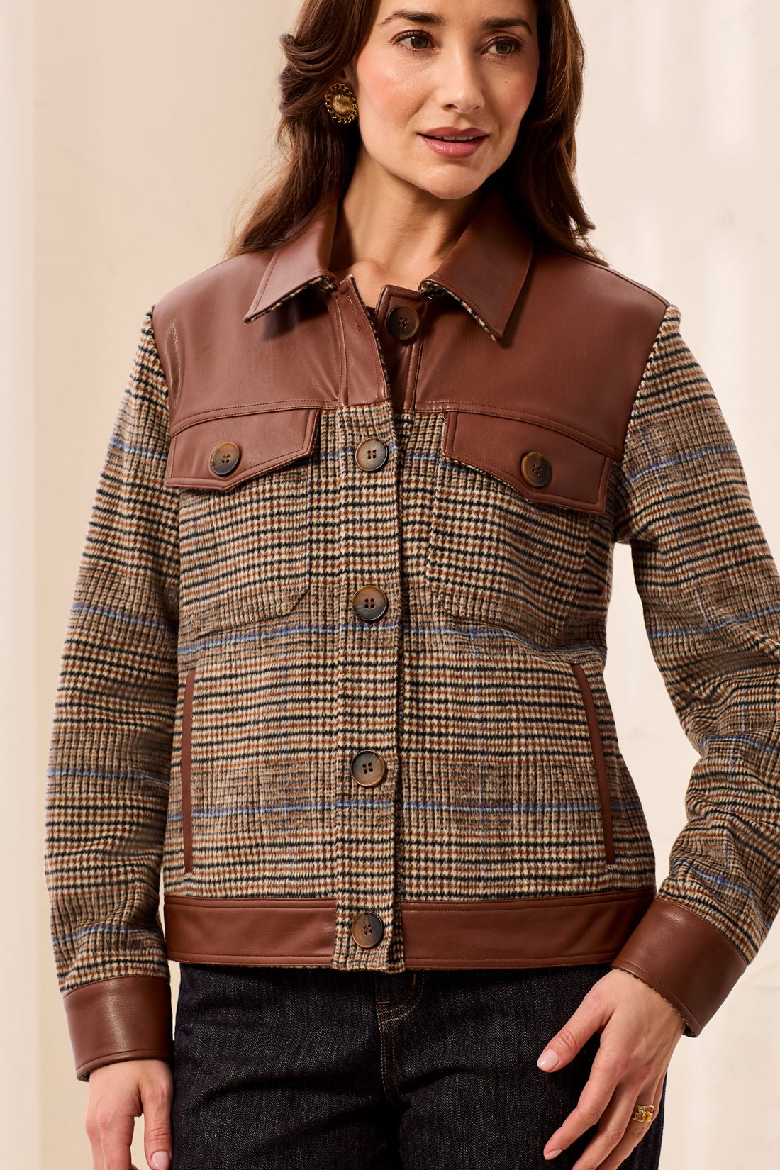 Tribal Mixed Media Plaid Shacket with Faux Leather | Intense Rust