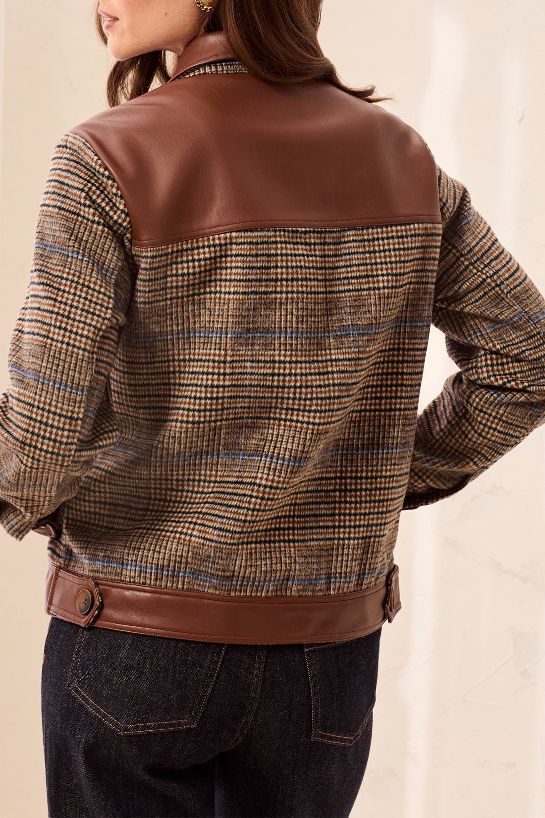 Tribal Mixed Media Plaid Shacket with Faux Leather | Intense Rust - Juli's Wearable Art