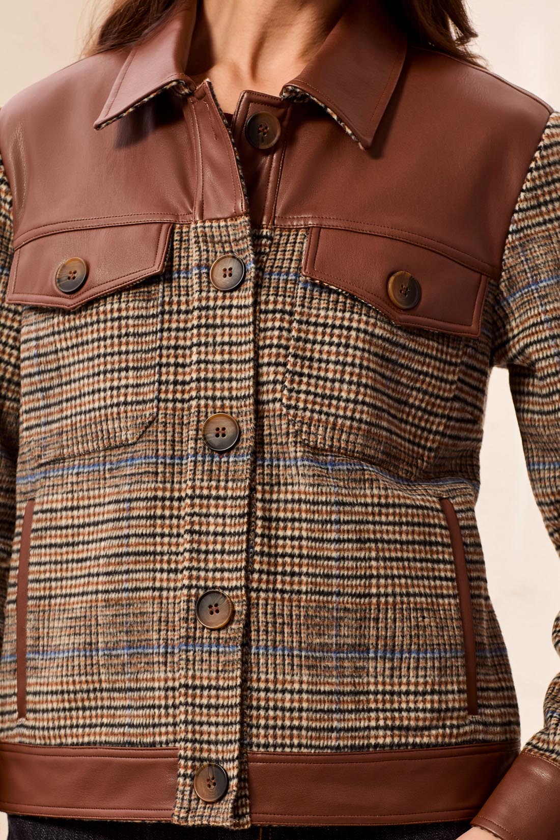 Tribal Mixed Media Plaid Shacket with Faux Leather | Intense Rust