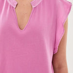 Tribal Mixed Media Ruffle Sleeve V - Neck Top – Orchid Glow - Juli's Wearable Art