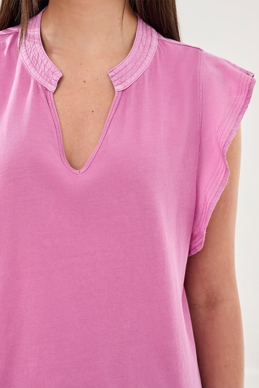 Tribal Mixed Media Ruffle Sleeve V-Neck Top | Orchid Glow