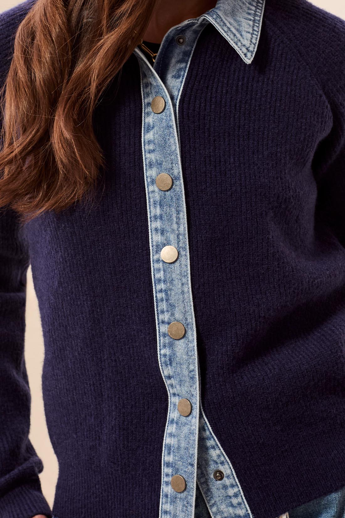 Tribal Mixed Media Sweater Jacket with Denim Details | Nightfall