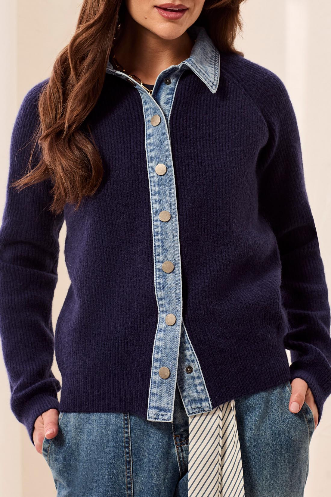 Tribal Mixed Media Sweater Jacket with Denim Details | Nightfall