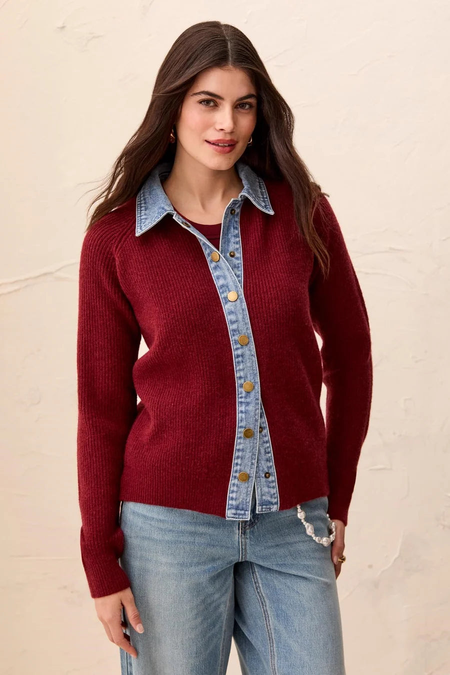 Tribal Mixed Media Sweater Jacket with Denim Details | Cherry Lacquer