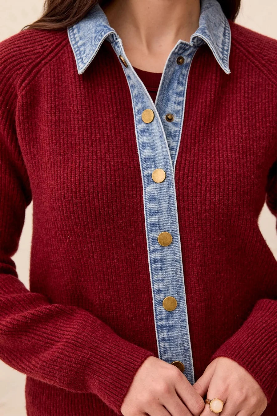 Tribal Mixed Media Sweater Jacket with Denim Details | Cherry Lacquer