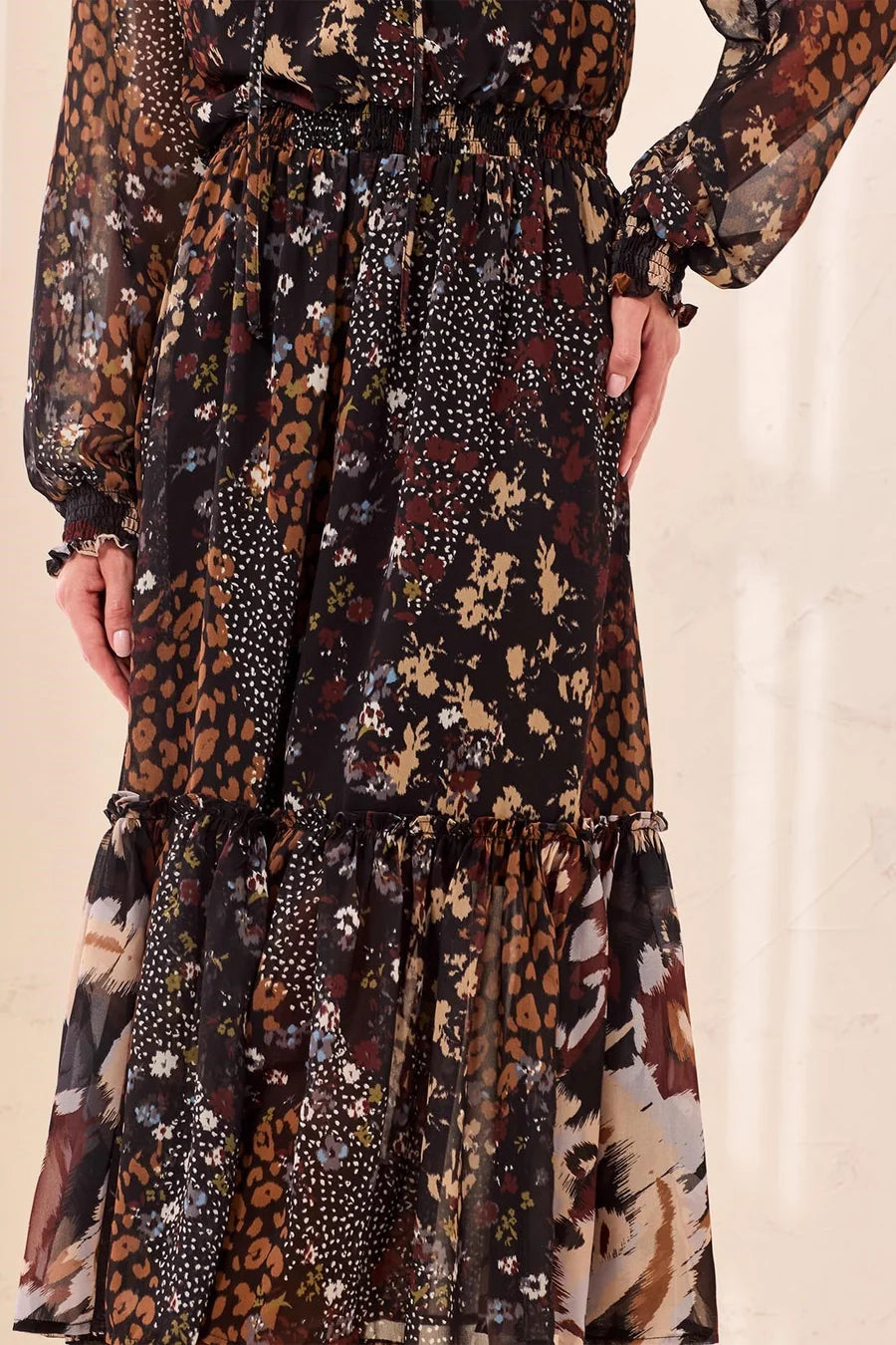 Tribal Mixed Print Drama Maxi Dress With Smocked Waist