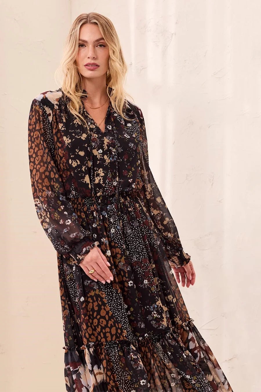Tribal Mixed Print Drama Maxi Dress With Smocked Waist - Juli's Wearable Art