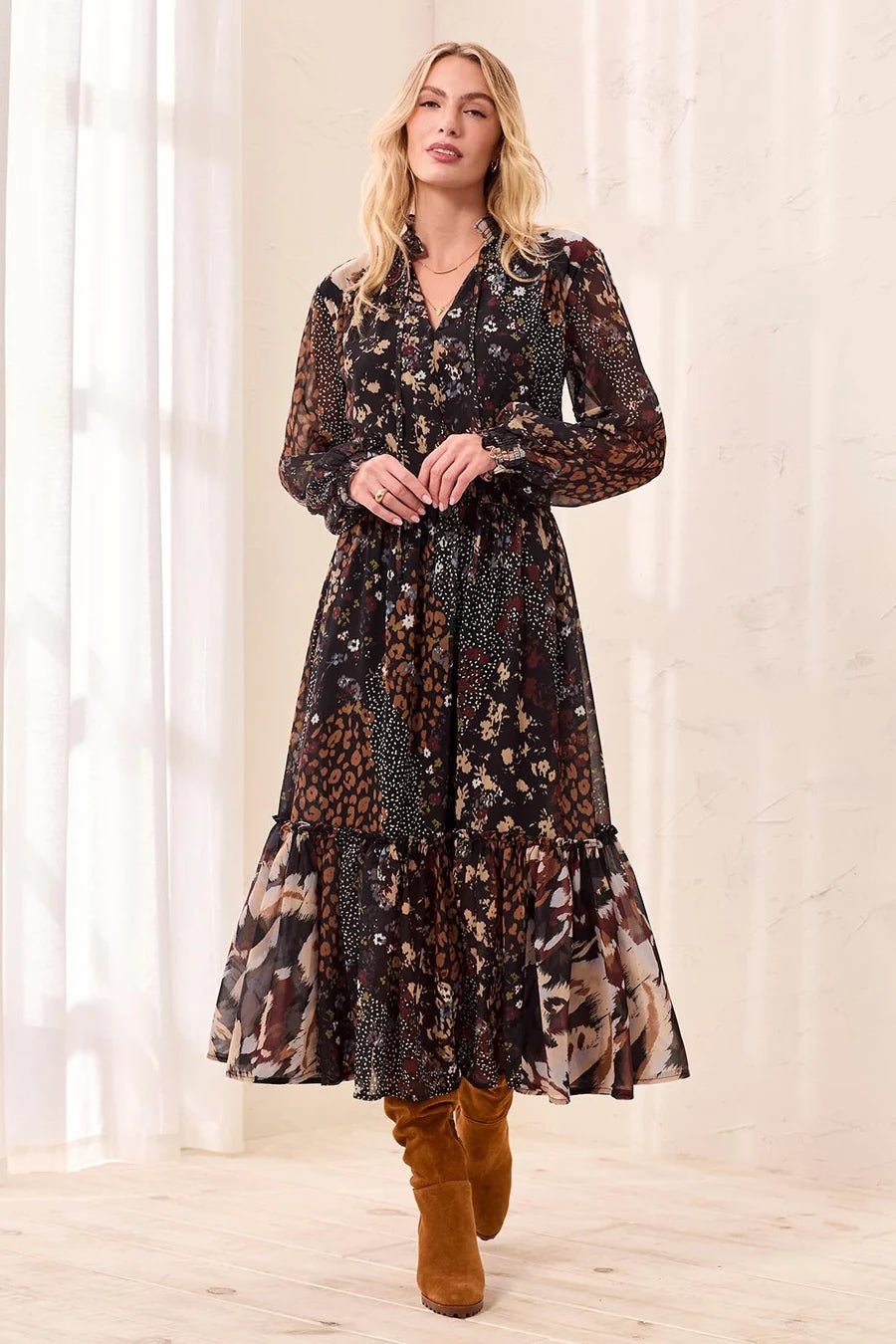 Tribal Mixed Print Drama Maxi Dress With Smocked Waist