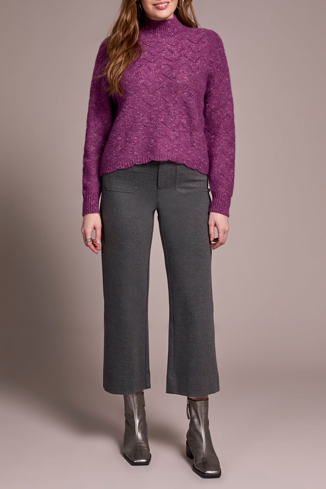 Tribal Mock Neck Drop Shoulder Sweater – Dahlia Muave - Juli's Wearable Art