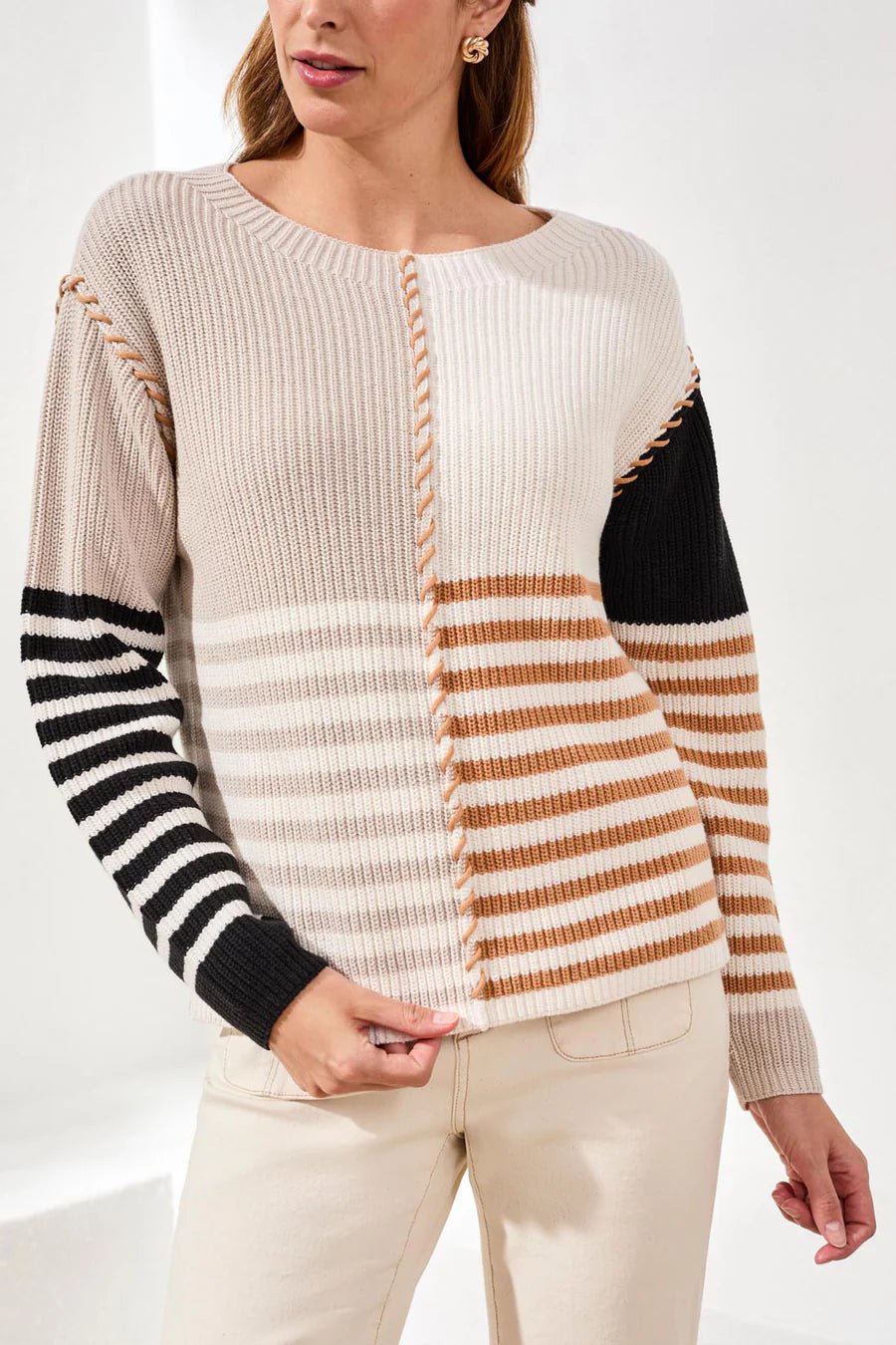 Tribal Multi Stripe Textured Boat Neck Sweater | Quartz Multi - Juli's Wearable Art