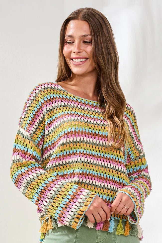 Tribal Multicolor Crochet Bell Sleeve Sweater with Tassels - Juli's Wearable Art