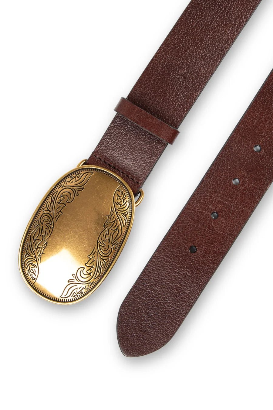 Tribal Nicky Smooth Leather Belt with Etched Gold-Tone Plaque | Brown - Juli's Wearable Art