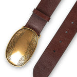 Tribal Nicky Smooth Leather Belt with Etched Gold-Tone Plaque | Brown - Juli's Wearable Art