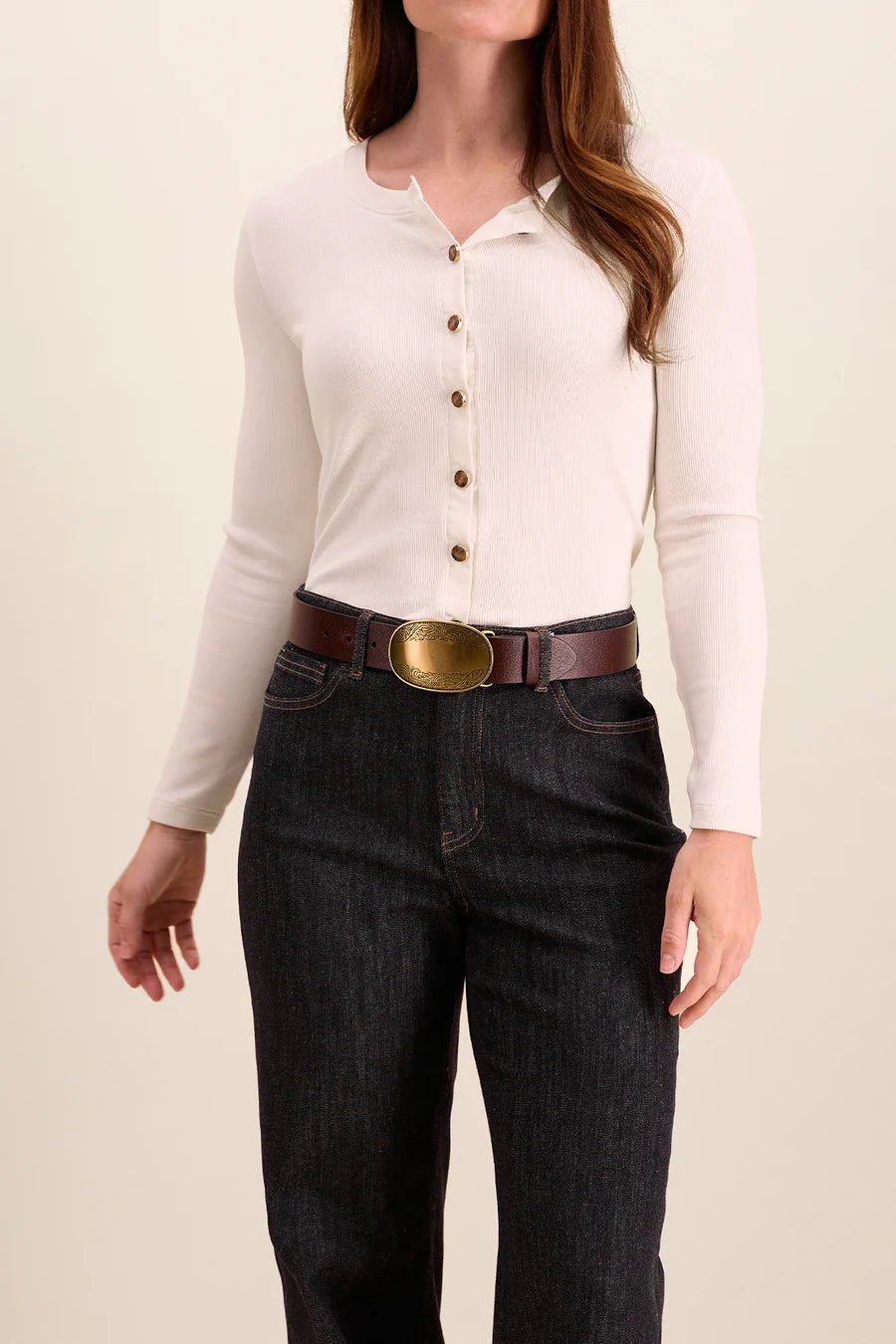Tribal Nicky Smooth Leather Belt with Etched Gold-Tone Plaque | Brown