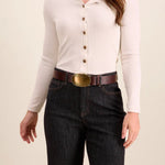 Tribal Nicky Smooth Leather Belt with Etched Gold-Tone Plaque | Brown - Juli's Wearable Art