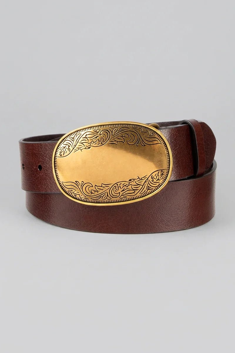 Tribal Nicky Smooth Leather Belt with Etched Gold-Tone Plaque | Brown