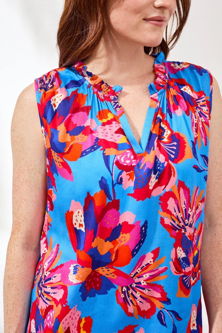 Tribal Notch Neck Frill Detail Printed Blouse | Turkish Sea