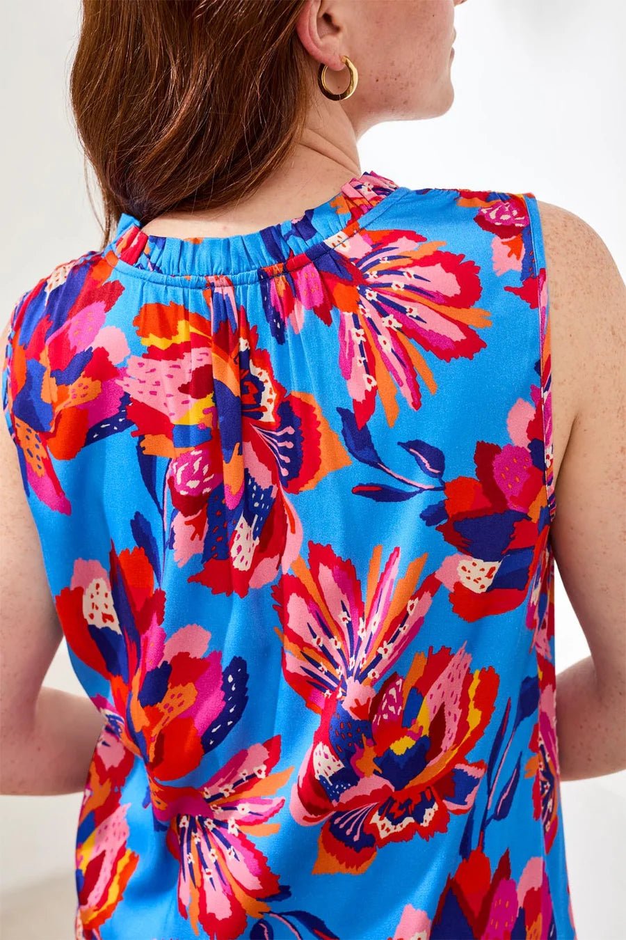 Tribal Notch Neck Frill Detail Printed Blouse | Turkish Sea - Juli's Wearable Art