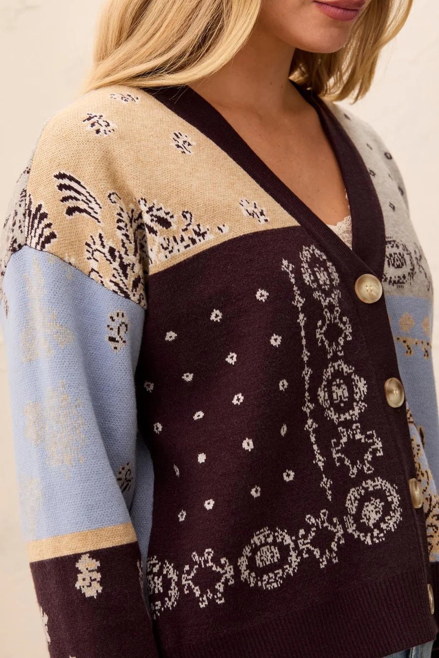Tribal Novelty Jacquard V-Neck Sweater Cardigan | Satinsky