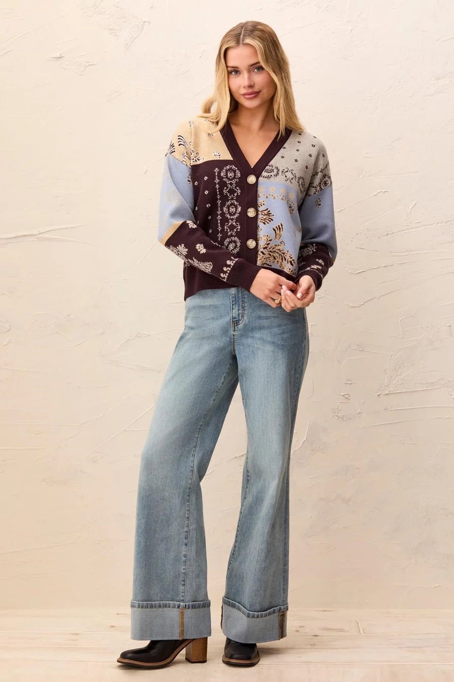 Tribal Novelty Jacquard V-Neck Sweater Cardigan | Satinsky - Juli's Wearable Art