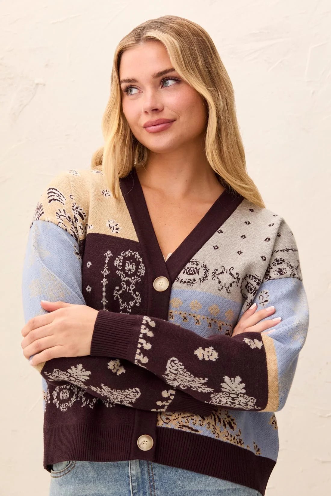 Tribal Novelty Jacquard V-Neck Sweater Cardigan | Satinsky
