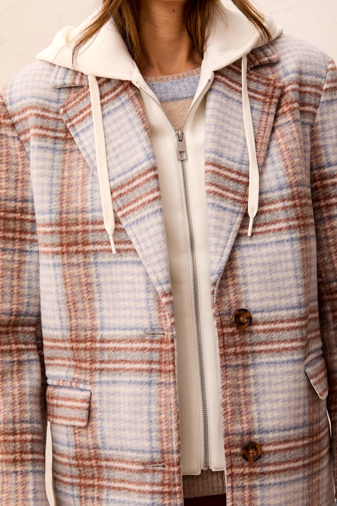 Tribal Plaid Car Coat with Removable Hood – Cream - Juli's Wearable Art