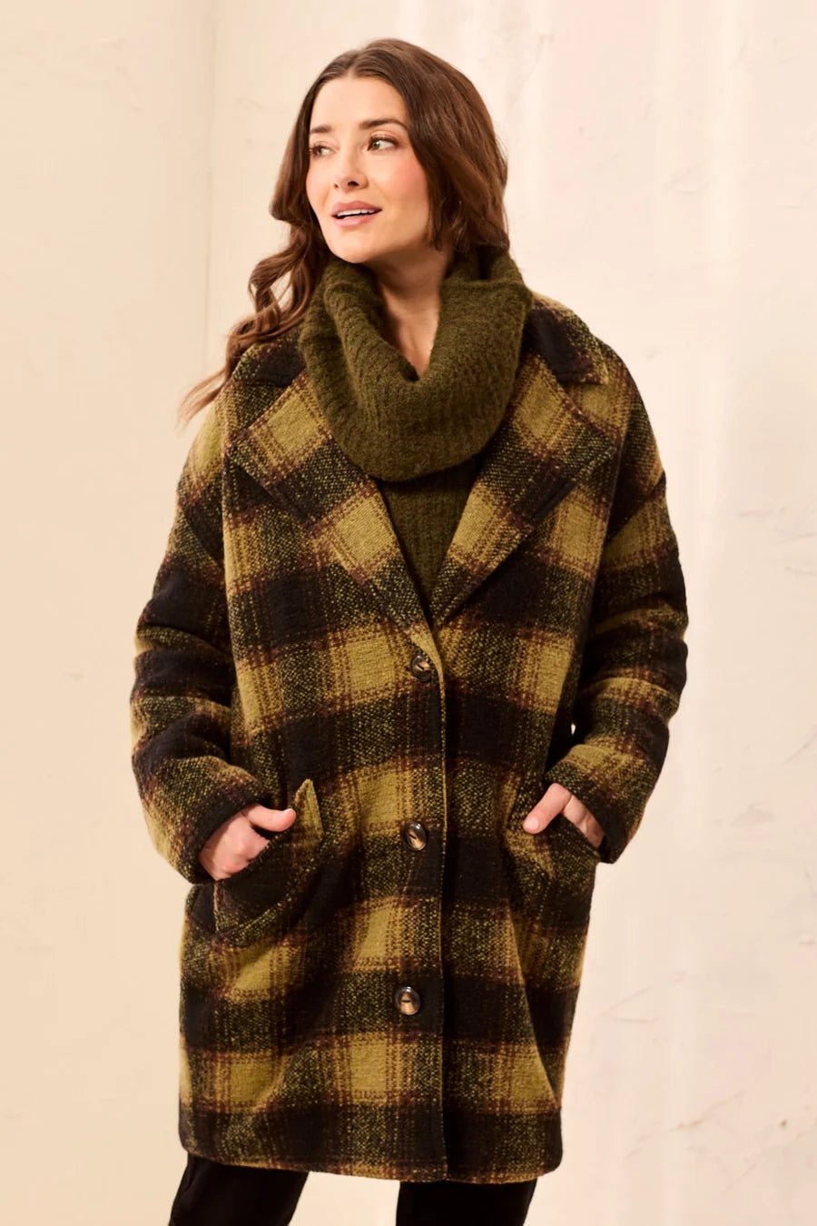 Tribal Plaid Cocoon Button Front Structured Coat | Saddle Brown