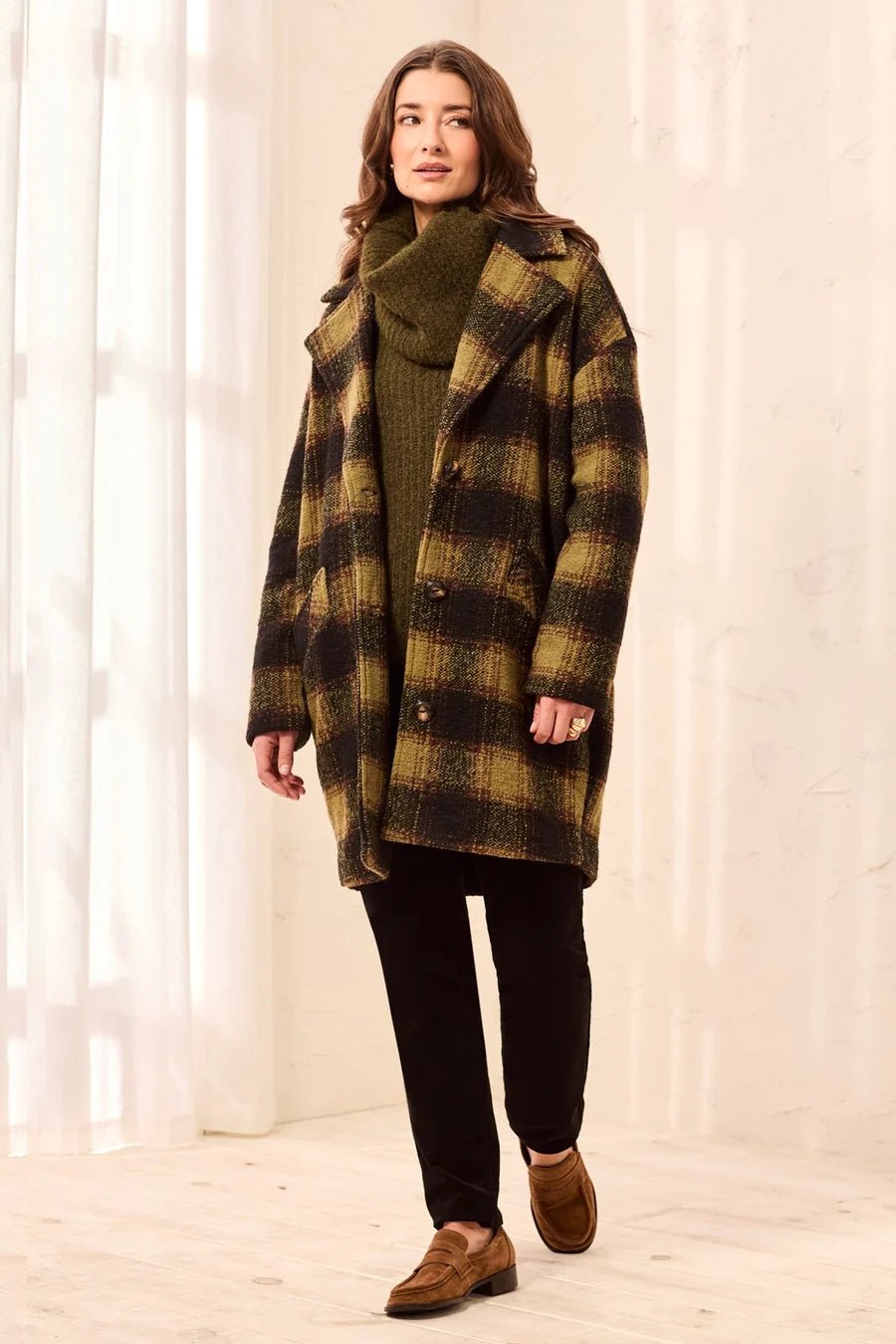 Tribal Plaid Cocoon Button Front Structured Coat | Saddle Brown