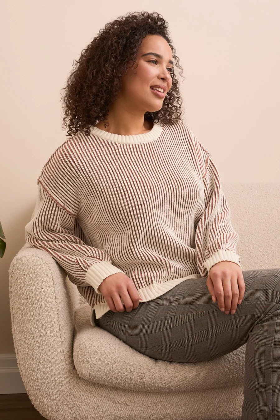 Tribal Plaited Chenille Crew Neck Ribbed Sweater – Almond Latte - Juli's Wearable Art