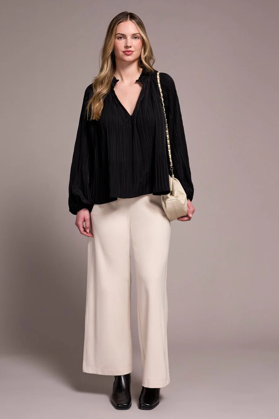 Tribal Pleated Ruffle Notch Collar Blouse – Black - Juli's Wearable Art