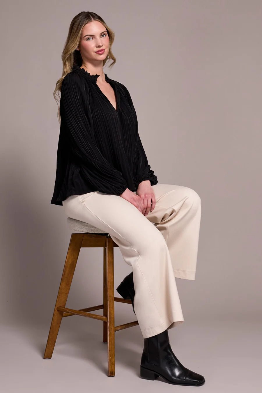 Tribal Pleated Ruffle Notch Collar Blouse – Black - Juli's Wearable Art