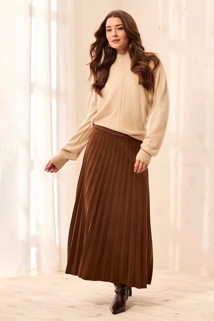 Tribal Pleated Stretchy Faux Suede Pull-On Maxi Skirt | Hickory