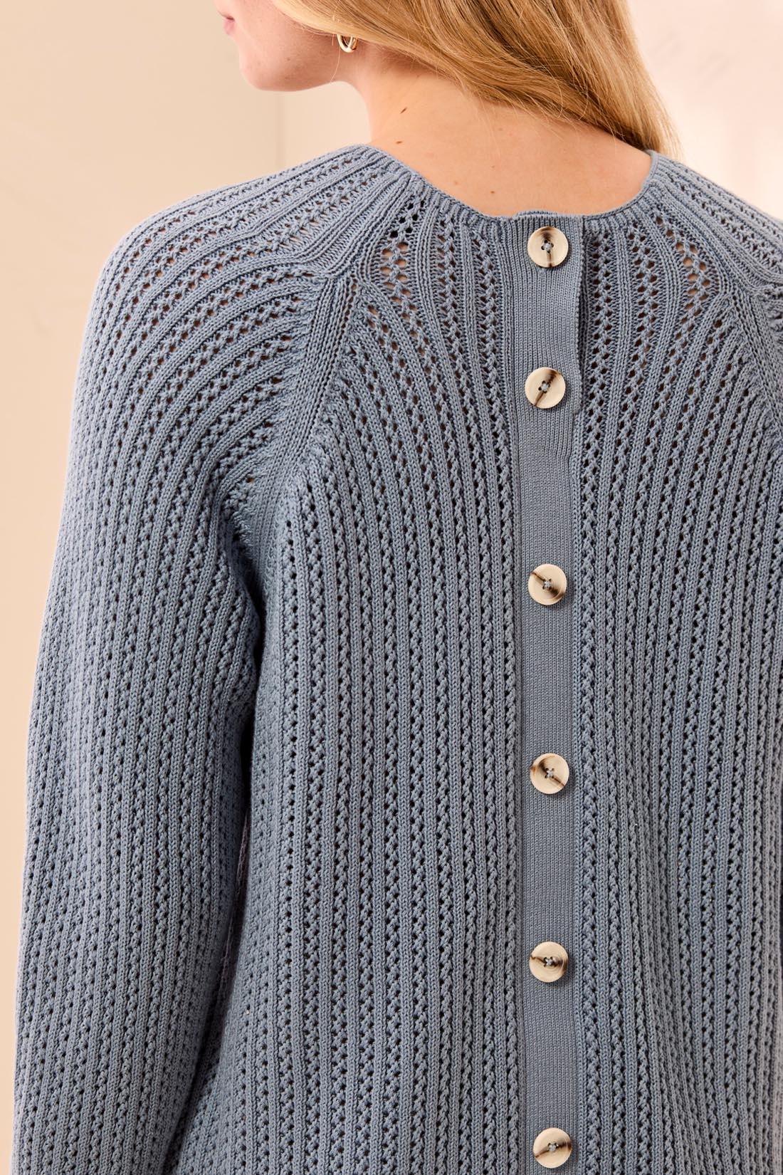 Tribal Pointelle Button-Back Long Sleeve Sweater | Blue Fog - Juli's Wearable Art
