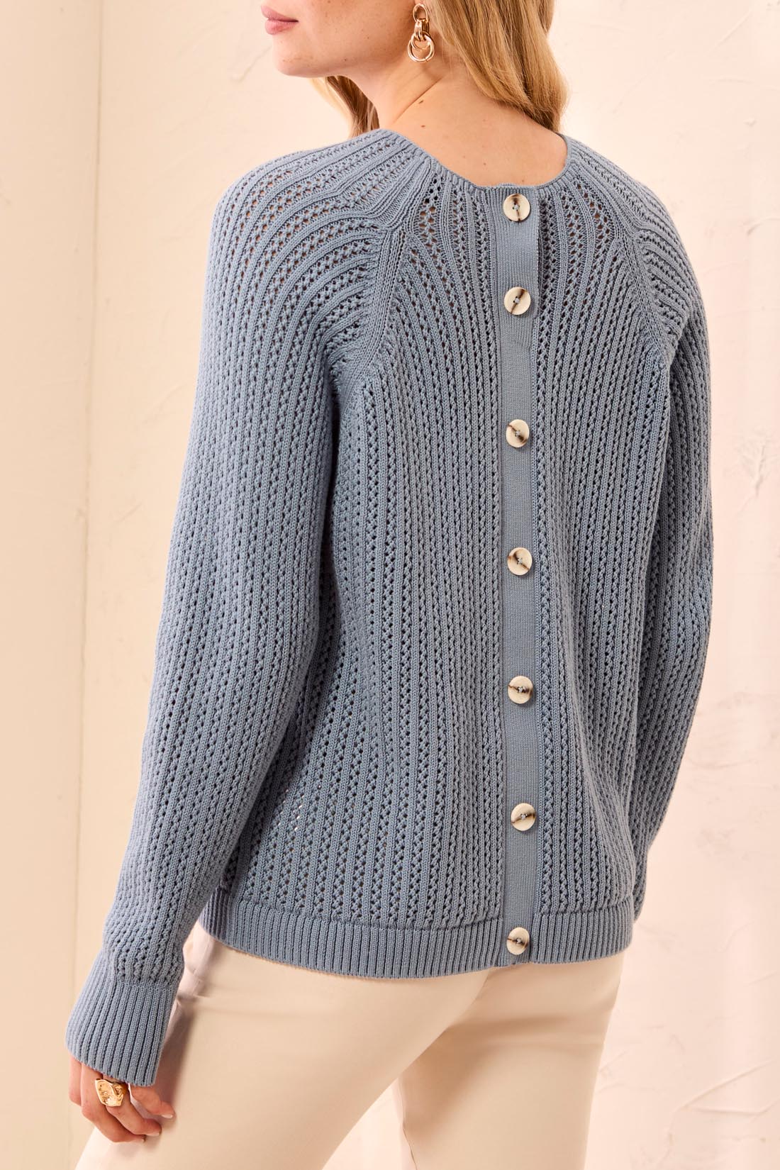Tribal Pointelle Button-Back Long Sleeve Sweater | Blue Fog - Juli's Wearable Art