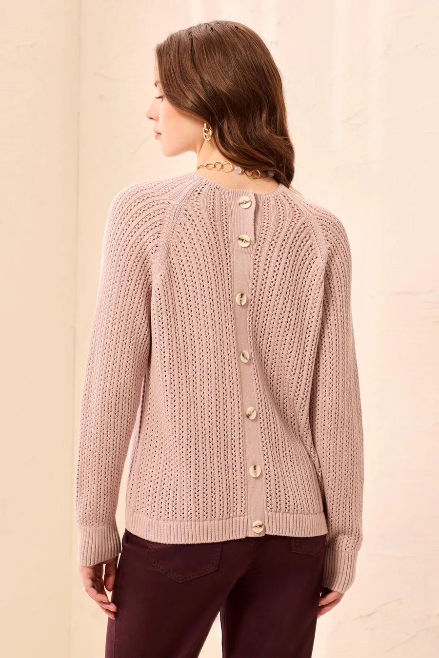 Tribal Pointelle Button-Back Long Sleeve Sweater | Violet Ice