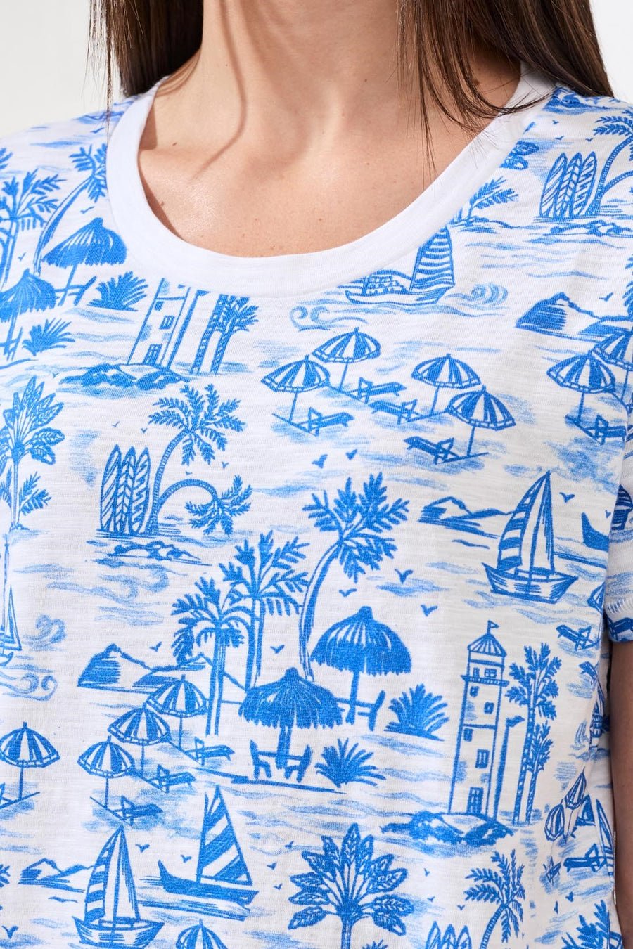 Tribal Printed Blue & White Slub Knit Crew Neck Top - Juli's Wearable Art