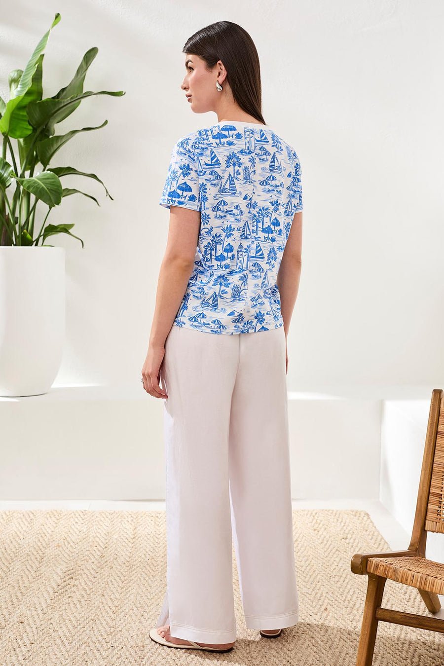 Tribal Printed Blue & White Slub Knit Crew Neck Top