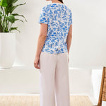 Tribal Printed Blue & White Slub Knit Crew Neck Top - Juli's Wearable Art