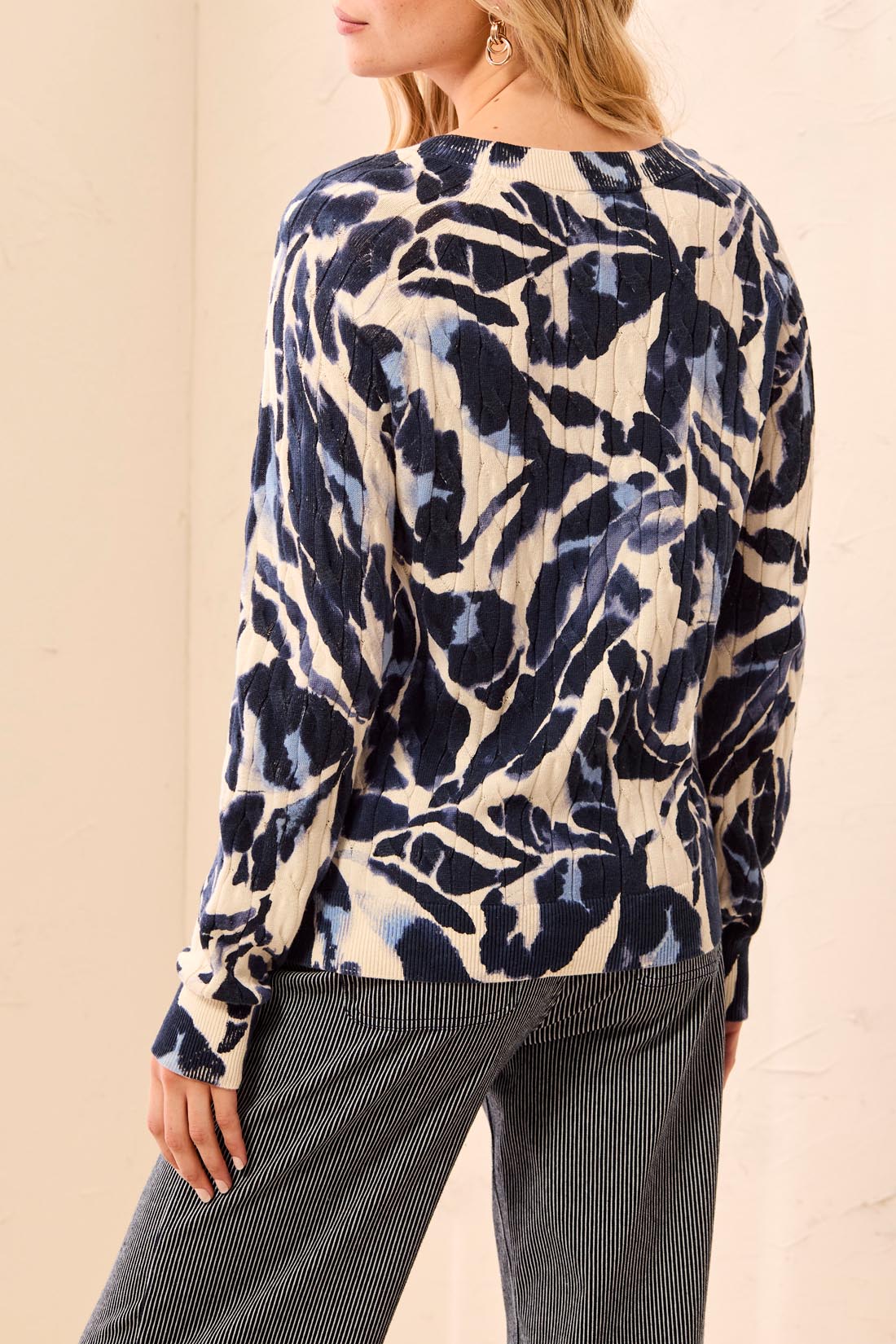 Tribal Printed Cable Cotton Crew Neck Sweater | Blue Fog - Juli's Wearable Art