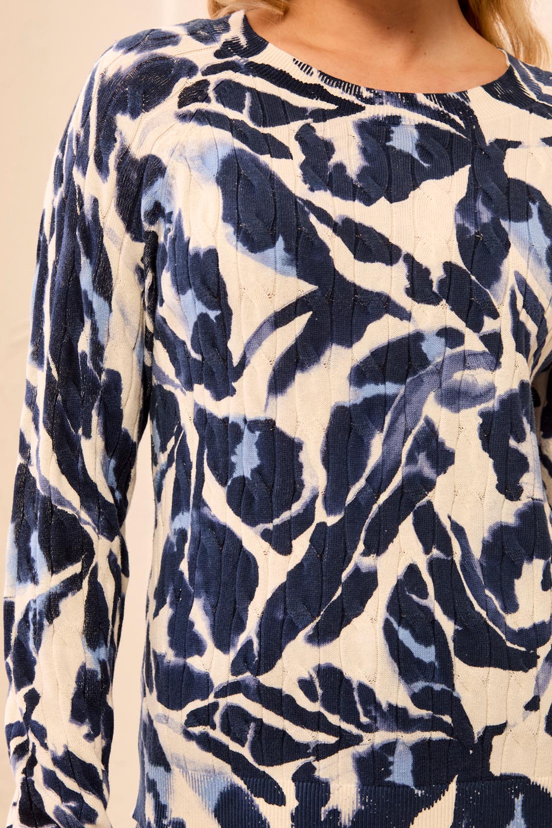 Tribal Printed Cable Cotton Crew Neck Sweater | Blue Fog