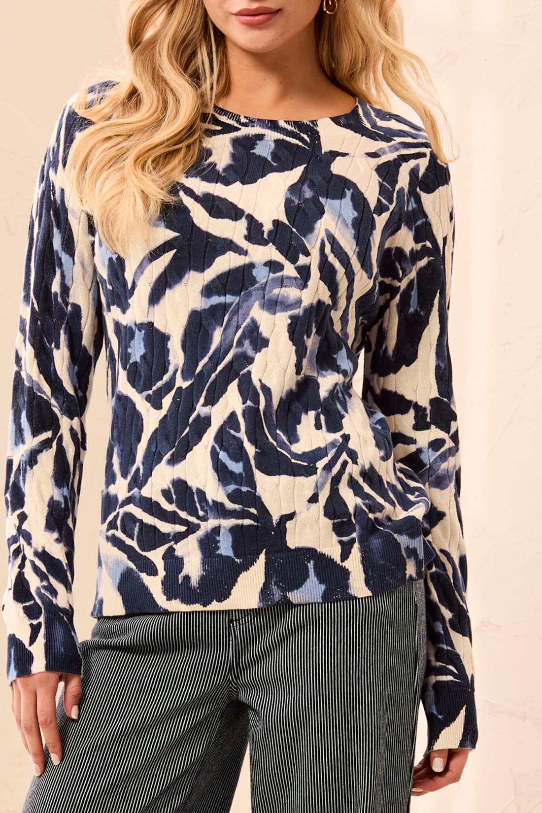 Tribal Printed Cable Cotton Crew Neck Sweater | Blue Fog